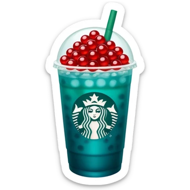 Teal-blue colored Starbucks refresher with red bobs pearls at the bottom sticker