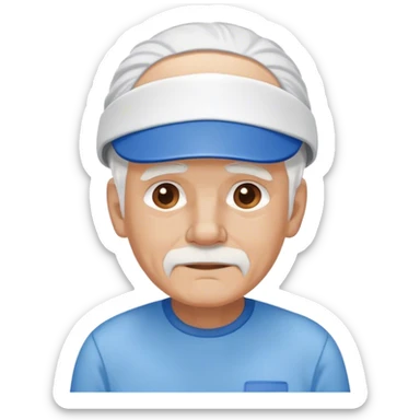 t old man with white hair and a blue visor with a blue shirt sticker