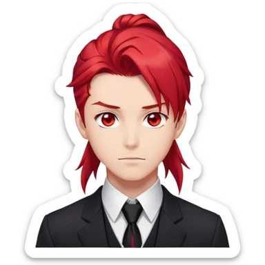 Handsome gorgeous anime man with bright-red hair, thick long ponytail, red eyes, black tie with a red gem, white shirt, black jacket, stone face sticker