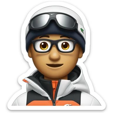 Un garçon blanc qui porte das lunettes de ski, il a les cheveux noirs, un survetement de lacoste et une casquette nike sticker