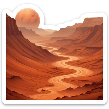 Cinematic Realistic Mars, portrayed with rugged, rust-colored landscapes, deep canyons, and swirling dust storms rendered with lifelike texture and an orange-hued glow that evokes the enigmatic allure of the Red Planet. sticker