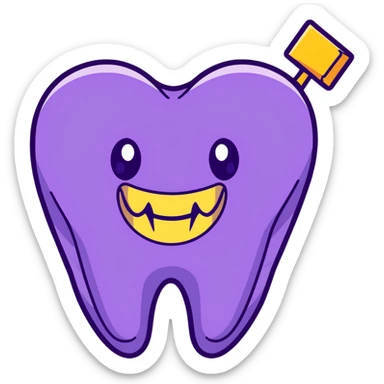 cartoon face with purple heart eyes, smiling with a tooth gap and a gold tooth on the side, brown background sticker