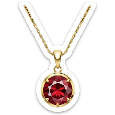 A polished round red garnet pendant suspended from a delicate gold chain, like a drop of enchanted starlight, glowing with the warmth of passion and the quiet power of transformation sticker