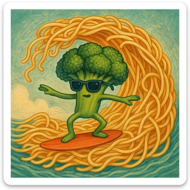 absurd surreal style broccoli with sunglasses surfing on a wave of spaghetti sticker