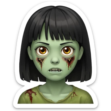 Uma zumbi com os cabelos pretos, mediano, liso e com franja, olhos castanhos sticker