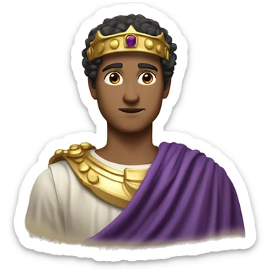 Create an emoji of a young Roman emperor, with a golden crown on his head, a clean-shaven face, and a regal expression. He is wearing a purple toga with gold details, and has short, neatly styled hair." sticker
