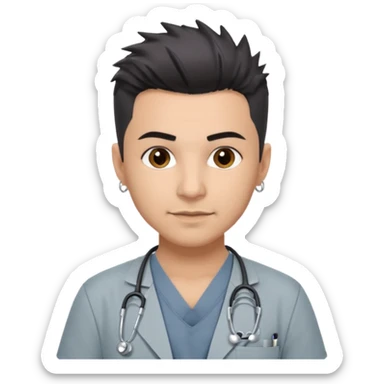 Dr. Efrén Rivera Santiago, a doctor with short spiked hair, gray scrubs, tattoos, and hook earrings, exudes professionalism and warmth. sticker