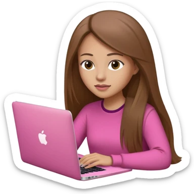 Mujer lacia peli larga y peli larga  en una MacBook rosa investigando y haciendo tareas con un libro de apuntes y con cara muy linda como modelo sticker