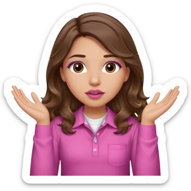 girl with long wavy brown hair, brown eyes, light to medium complexion, in a pink shirt, pink lips, long lashes, puckered lips, both hands all the way up for worship sticker