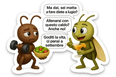EMOJI STILE IPHONE 3D DI una cicala e una formica che parlano tra loro, la formica ha nella mano destra un manubrio da palestra e nella nella mano sinistra una bowl di insalata, la cicala invece ha un cocktail in mano, la cicala prende in giro la formica E LE DICE IN 3 FUMETTI DIFFERENTI: "Ma dai, sei matta a fare diete a luglio?”
“Allenarsi con questo caldo? Anche no!”
“Goditi la vita, ci pensi a settembre.”
 sticker