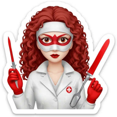 


Scary woman scalpel in hand, evil surgeon sexy surgeon clothes.  She has redcolored  eyes. Her  hair only is free ne brown long curly hair. Wears sexy doctor outfit with red gloves. make her wear full ski mask yo mask and nose mask  to hide. Wears white surgeon coat, wears  stilettos sticker
