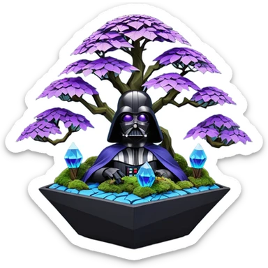 Futuristic wild glowing alien moss maples Bonsai hair-fine-leaf group multi faceted intricate crystal boxwood Darth Vader purple rose blue informal rocky cliffhanger eight trees forest planting in shallow origami slab style pot with big anthropomorphic feet  sticker