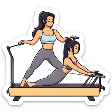 woman with bra, tanned long black hair, doing Pilates reformer sticker