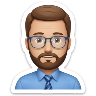 white-man-businessman-with-beard, brown hair, glasses, blue shirt, tie sticker