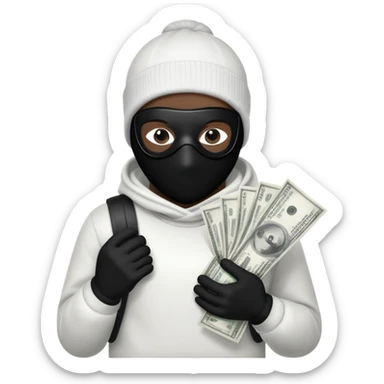 Ski mask holding money bag with black skin color black and white money bag sticker