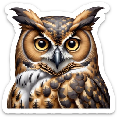 Cinematic Noble Great Horned Owl Portrait Emoji, Poised and regal, with a commanding, broad build and a richly mottled plumage of grays, whites, and subtle browns, deep-set soulful golden eyes, Simplified yet sharp and sophisticated features, highly detailed, glowing with a soft, dignified glow, high shine, intelligent and enigmatic, stylized with an air of nocturnal majesty, focused and attentive, soft glowing outline, capturing the essence of a watchful and confident raptor, so majestic it feels as though it could silently swoop out of the screen with effortless authority! sticker