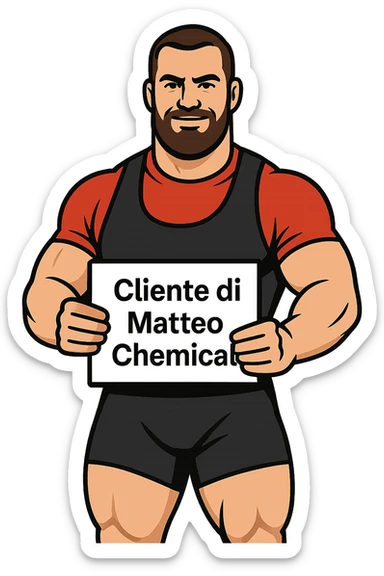Powerlifter con in mano una targa o un foglio con scritto "Cliente di Matteo Chemical" sticker