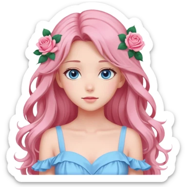 Gorgeous pastel anime lady with roses in long hair and pink dress with blue eyes sticker