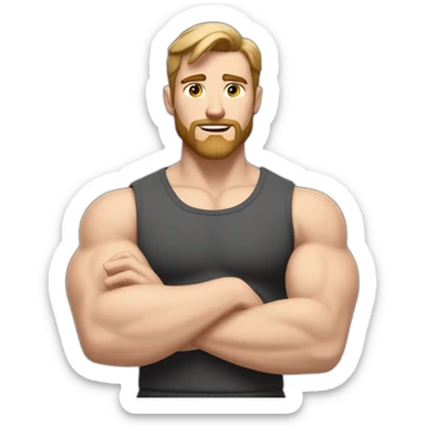 Close up Actively gesturing  with hands Pale skinned Fit Man With the biceps and brown hair in dark gray Sleeveless Mike, black oversize sports shorts, watch and white Sneakers sticker