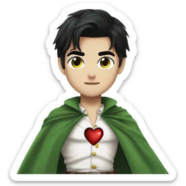 captain levi attack on titans emo black hair holding a cute heart wearing a white button down shirt and a green cape sticker