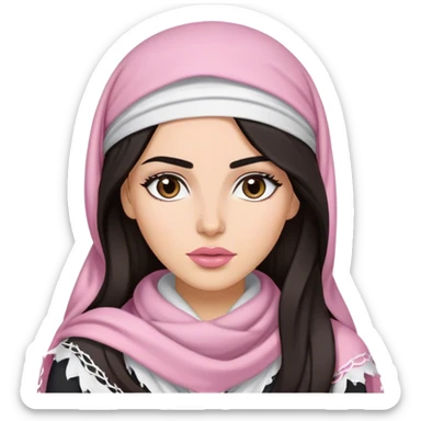 A woman with long, dark hair wears white keffiyeh, giving her a graceful and cultural look. Her makeup is well-done, with defined eyebrows and soft pink lips, enhancing her striking features. The dim lighting and blurred background create a warm, intimate atmosphere. sticker