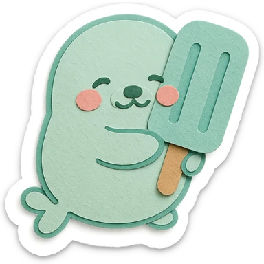 chibi refrigerator-seal hybrid, hugging a popsicle, blushing, soft mint palette, full-body sticker