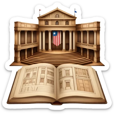 Open antique book with clearly visible detailed stage design sketches spread across both pages, showing theater elevation drawings and floor plans, Puerto Rican flag colors in the sketches, wooden bookmark sticker