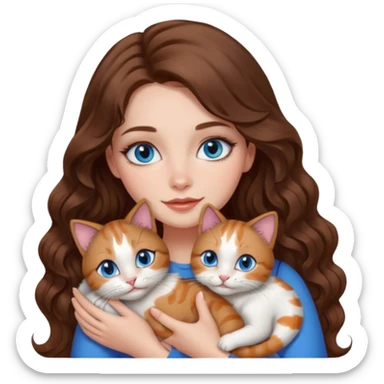 girl with long wavy brown hair, blue eyes, long lashes makeup, cuddling with 6 cute cats sticker