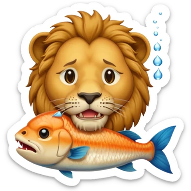  A lion eating a fish, feeling sad, cry, portrait, bust up sticker