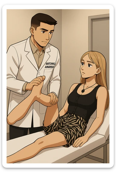 fai un webtoon/manga a colori con questo kinesiologo in camice bianco (fagli la scritta "ANTONIO ANANIA" SUL CAMICE) CHE SVOLGE UN TEST NEUROMUSCOLARE SOLLEVANDO UNA GAMBA ALLA RAGAZZA CHE è STESA SU UN LETTINO BIANCO. DURANTE IL TEST I DUE DIALOGANO TRA LORO. NON FARE I FUMETTI, FAI SOLO LORO COME SE DIALOGASSERO sticker