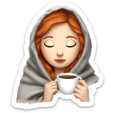 girl inside a blanket sipping coffee eyes closed pale skin red hair sticker