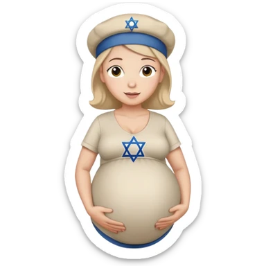 Pregnant Jewish person facing left with hands on belly, wearing a kippah and Star of David necklace sticker