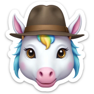 unicorn face cute wearing fedora, horn piercing through the hat looking in the camera sticker