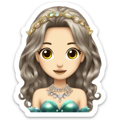 mermaid hime gyaru girl, dark brown hair, jewerly sticker
