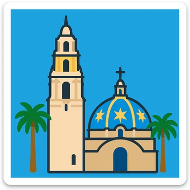Add palm trees to the apple-style emoji of the California Tower in San Diego, keeping the blue sky background and simplified emoji style. Maintain the look of an apple style emoji with clear, simple shapes and colors. sticker