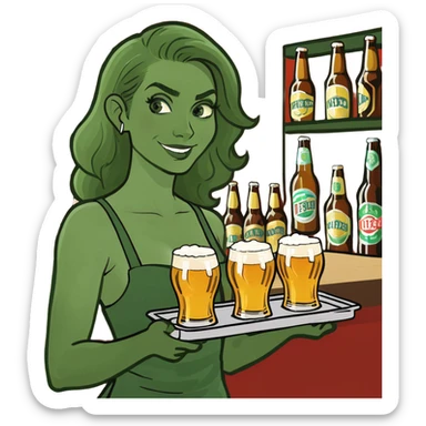 Female brunette bartender carrying a tray full of beers sticker