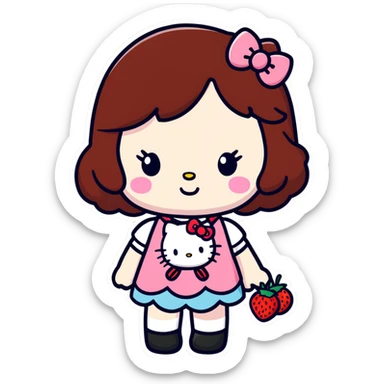 Strawberry shortcake hello kitty girl with dark brown hair and freckles  sticker