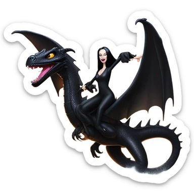  beautifully dressed teen Morticia Addams beach Barbie Jedi flying on the back of a very large black shiny evil-looking fire-spewing dragon. proper scale sticker