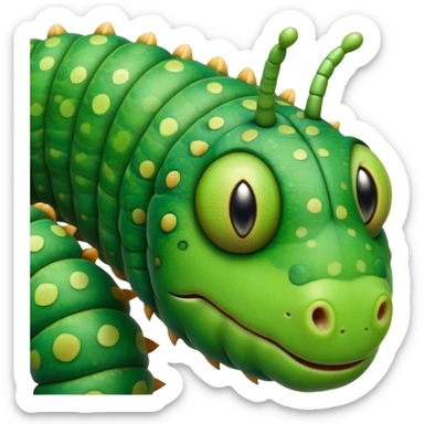 Cinematic Realistic Noble Caterpillar Portrait Emoji, Poised and serene, with a slender, segmented body covered in vivid, detailed green scales accented by subtle natural patterns, and a tiny, focused face with delicate, inquisitive eyes, rendered with lifelike texture and soft natural lighting, high shine, intelligent and delicate, styled with an air of woodland elegance, focused and attentive, soft glowing outline, capturing the essence of a watchful and confident looper caterpillar that appears ready to inch gracefully out of the screen with natural authority! sticker