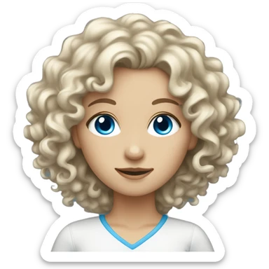 A white girl with curly hair and blue eyes is working on a laptop sticker