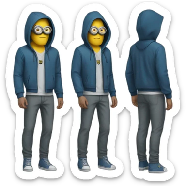 minion blue hood blue shirt gray pants with gold insert belt leather shoes black mask three stripes claw marks glasses angry glance sticker