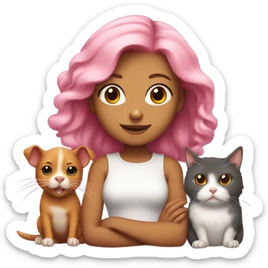 Animal lover girl, dog plus cat tan skin pink hair hamster, rats sticker