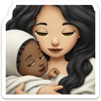 Pale girl with long black hair is holding a newborn baby sticker