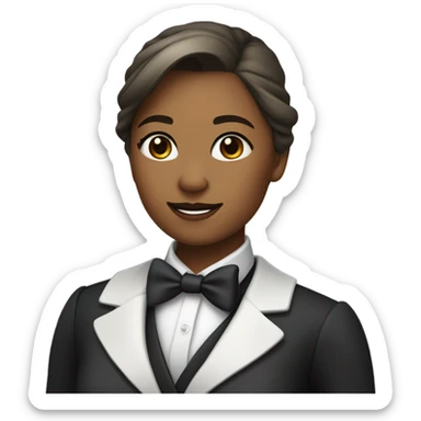 a female butler with a professional and elegant demeanor. She has her hair neatly tied in a ponytail and wears a classic butler uniform, including a tailored vest, crisp white shirt, and bow tie. sticker