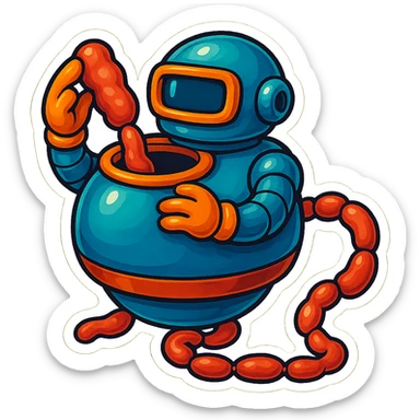 a robot that uses arms to put meat in large hole on top. sausage links come out robots rear. no legs on robot. robot hovers. robot feeds itself meat sticker