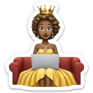 queen seating looking forward on a mac laptop and show her dress sticker