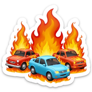 A 3D cartoon scene of cars on fire with smoke rising, chaotic atmosphere, realistic lighting, Memoji-style. sticker