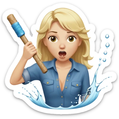 blond woman biting a wide stick with a D-shaped knob, both the same color as her skin, the knob has visible skin texture, the stick coming out of a pair of pants hanging nearby, water jet shooting from the flat side of the knob into her mouth, surprised look sticker
