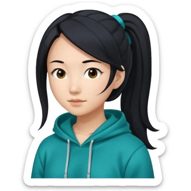 generate an asian female with long black hair in a ponytail and a teal hoodie sticker