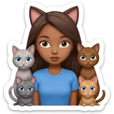 a pretty bratz dusky girl with long brown hair, blue eyes with six cats nd wearing a grey tshirt sticker